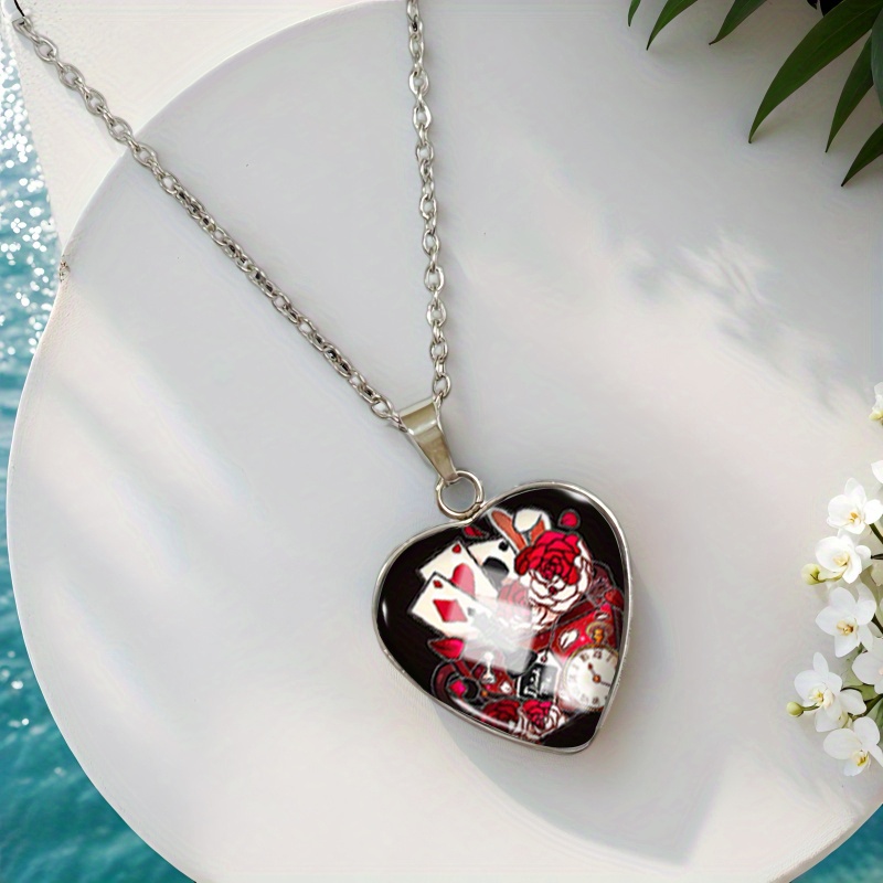 Poker Cards and Rose Flowers Pattern Pendant Necklace